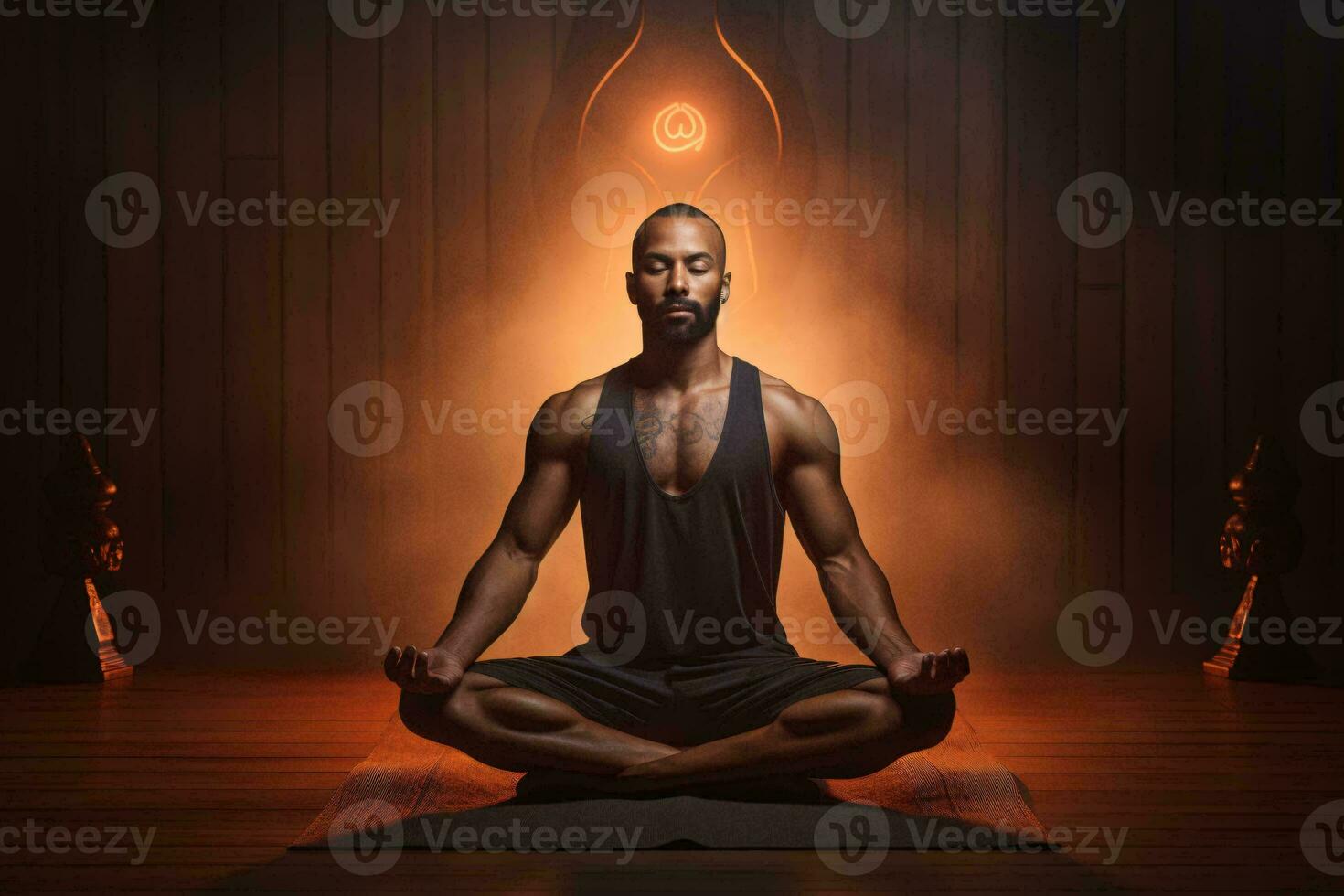 un' uomo nel un' meditativo posa nel un' debolmente illuminato camera ai generato foto