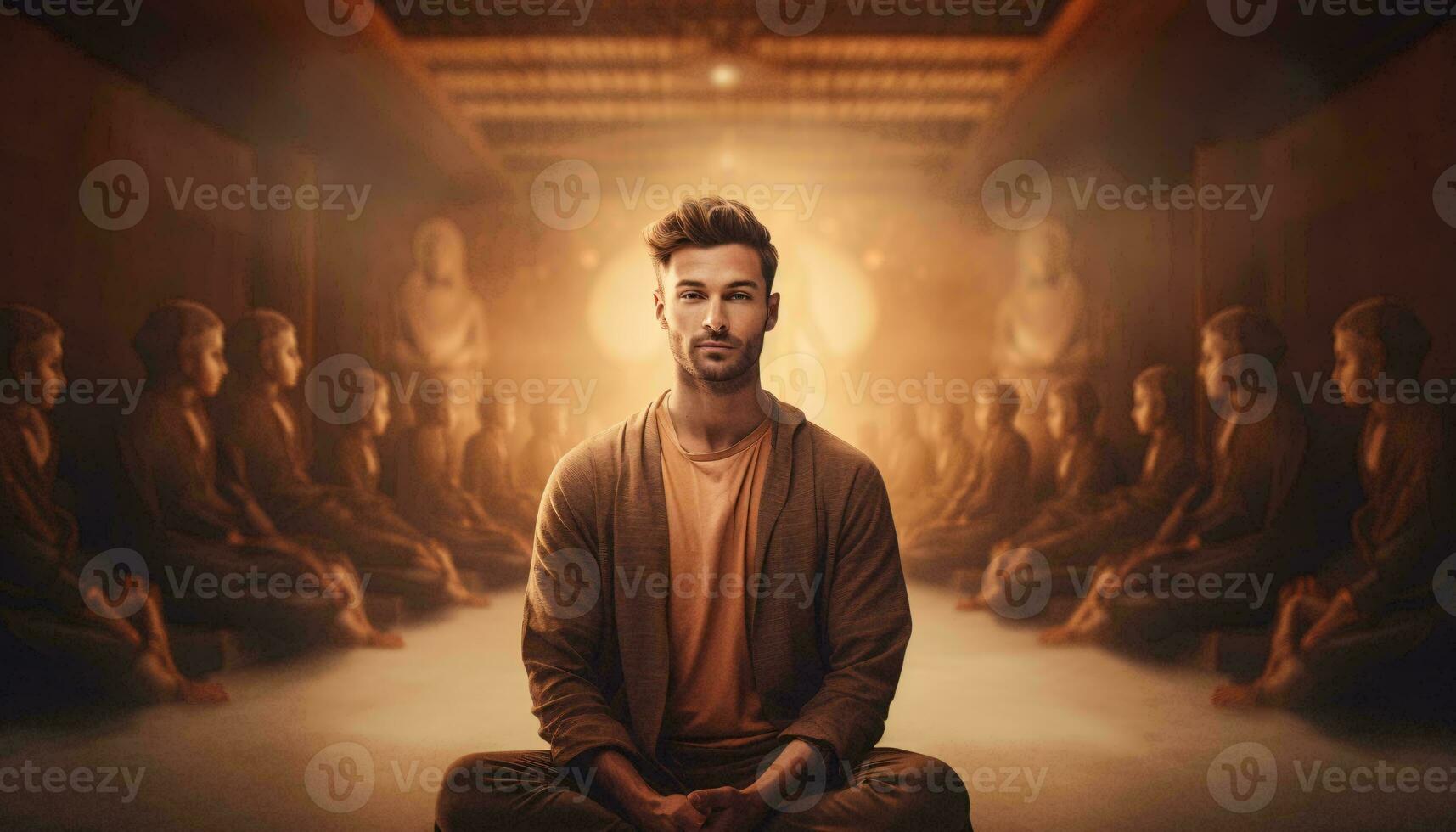 un' uomo Meditare nel davanti di un attento pubblico ai generato foto