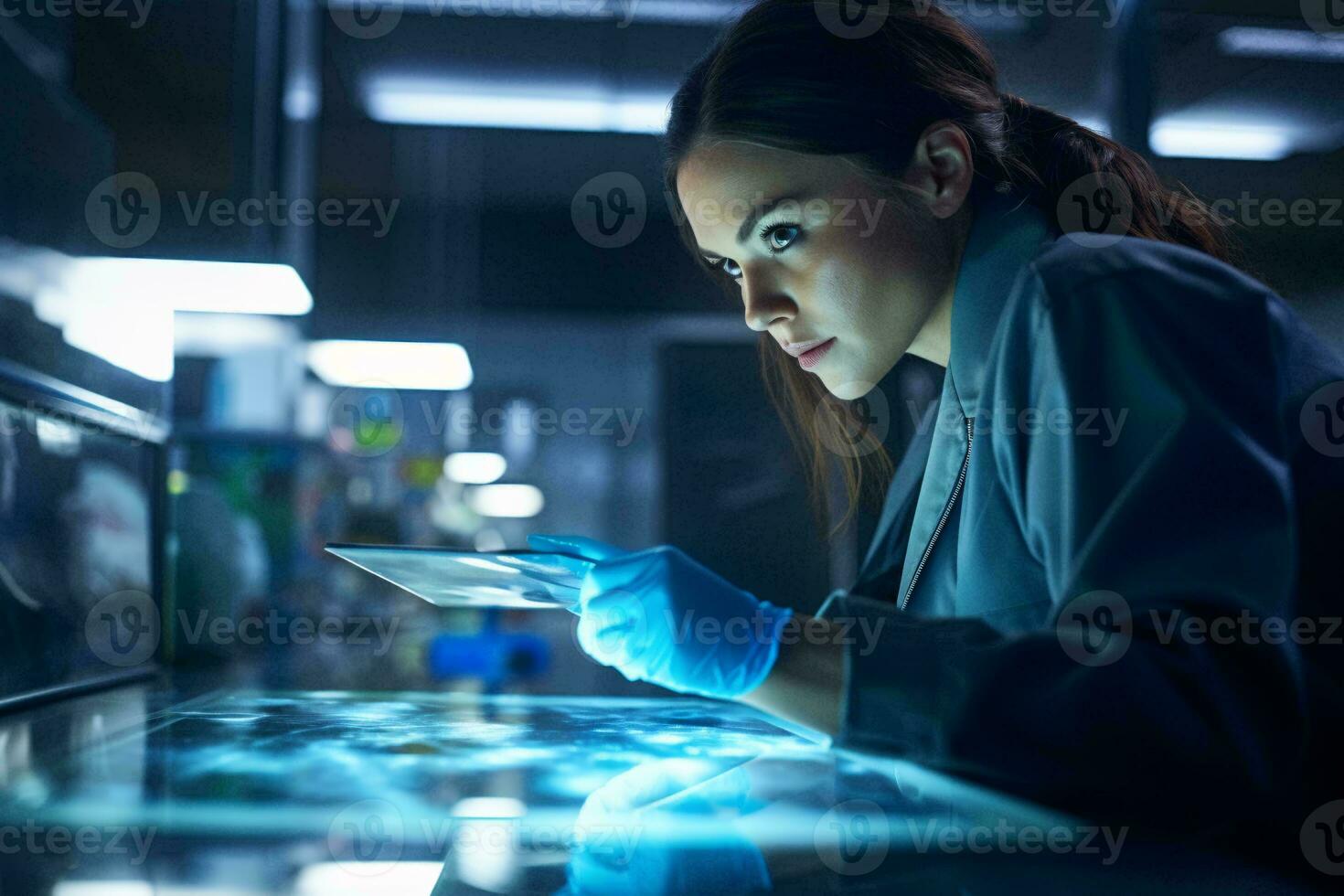 un' donna nel un' laboratorio utilizzando un' tavoletta per ricerca e analisi ai generato foto