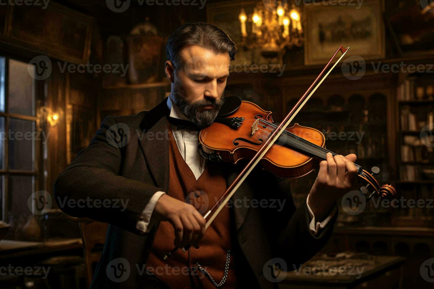 un' talentuoso musicista l'esecuzione su il violino nel un' formale ambientazione ai generato foto