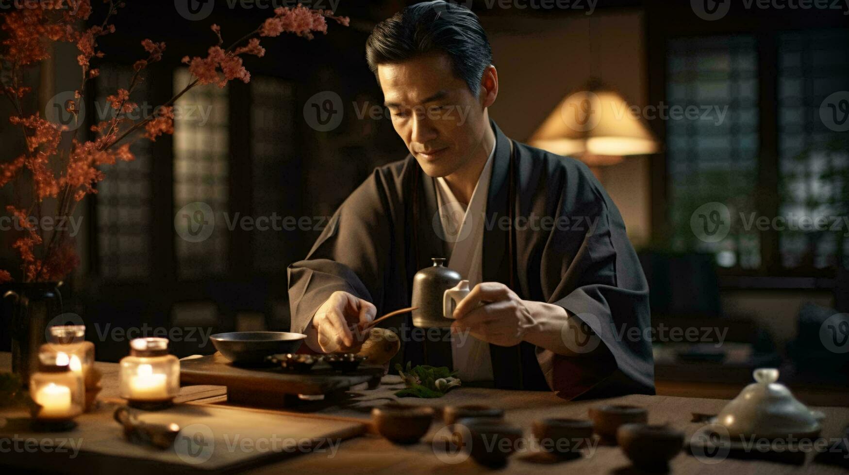 un' uomo seduta a un' tavolo nel davanti di un' candela ai generato foto