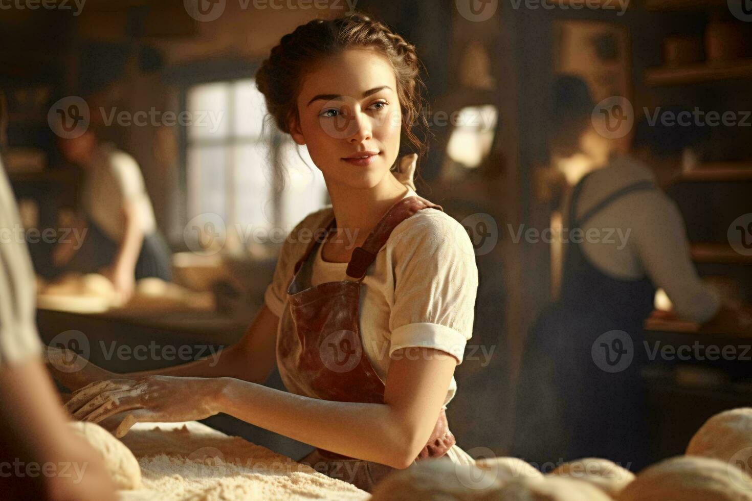 un' donna Lavorando nel un' forno, indossare un grembiule ai generato foto