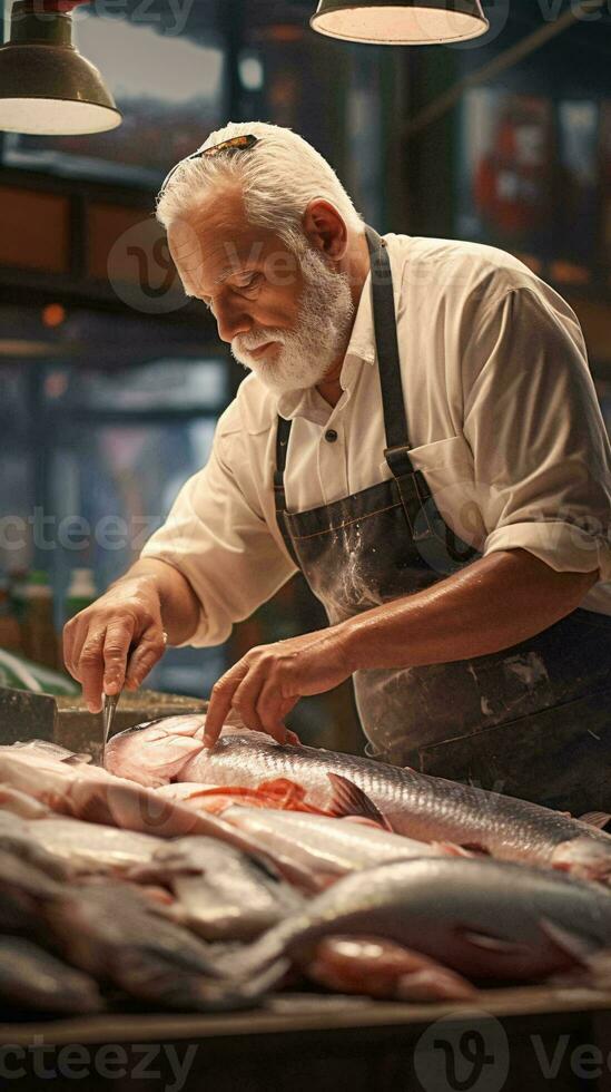 un' qualificato capocuoco preparazione fresco pesce su un' cucina tavolo ai generato foto