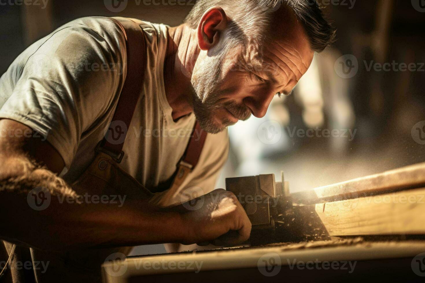 un' uomo intaglio legna con un' scalpello nel un' laboratorio ai generato foto