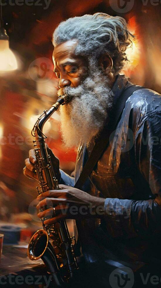 un' barbuto uomo giocando il sassofono con passione e abilità ai generato foto