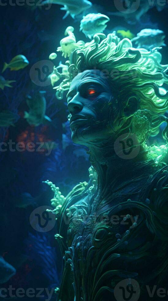 un' uomo con vivace verde capelli e penetrante rosso occhi interagendo con un' travolgente scuola di pesce ai generato foto