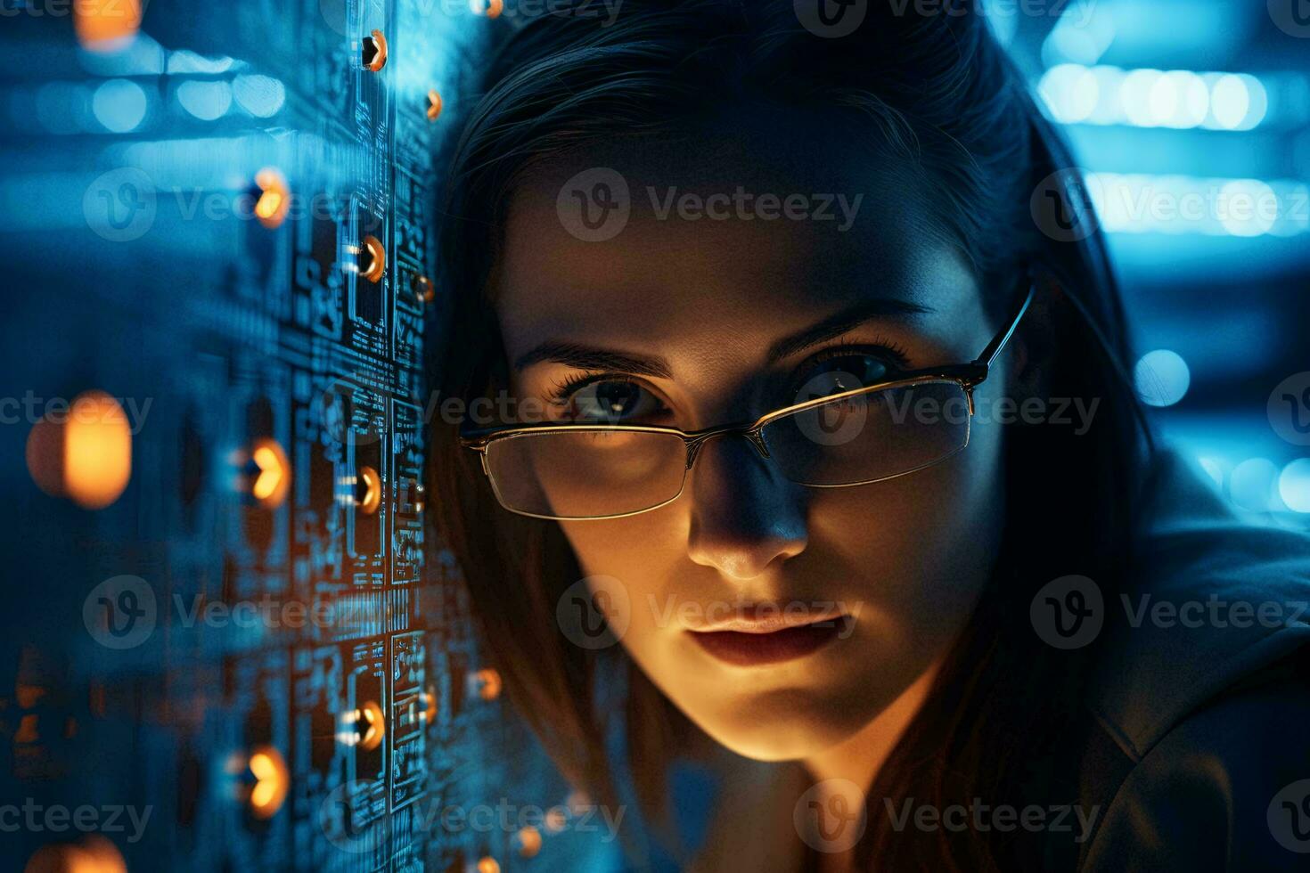 un' donna indossare bicchieri Lavorando su un' computer ai generato foto