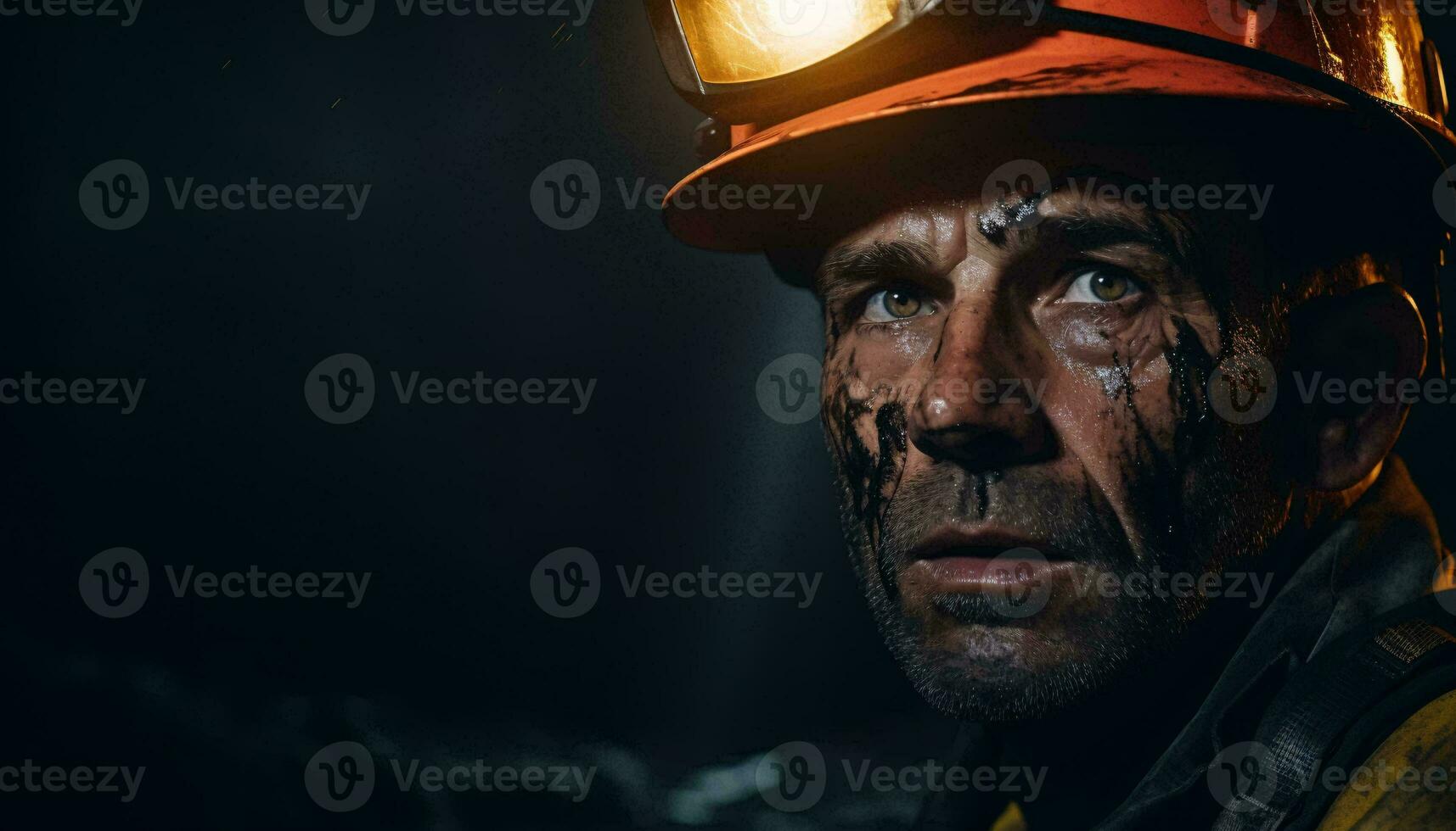 un' uomo indossare un' dei vigili del fuoco casco con un' torcia elettrica su il suo testa ai generato foto