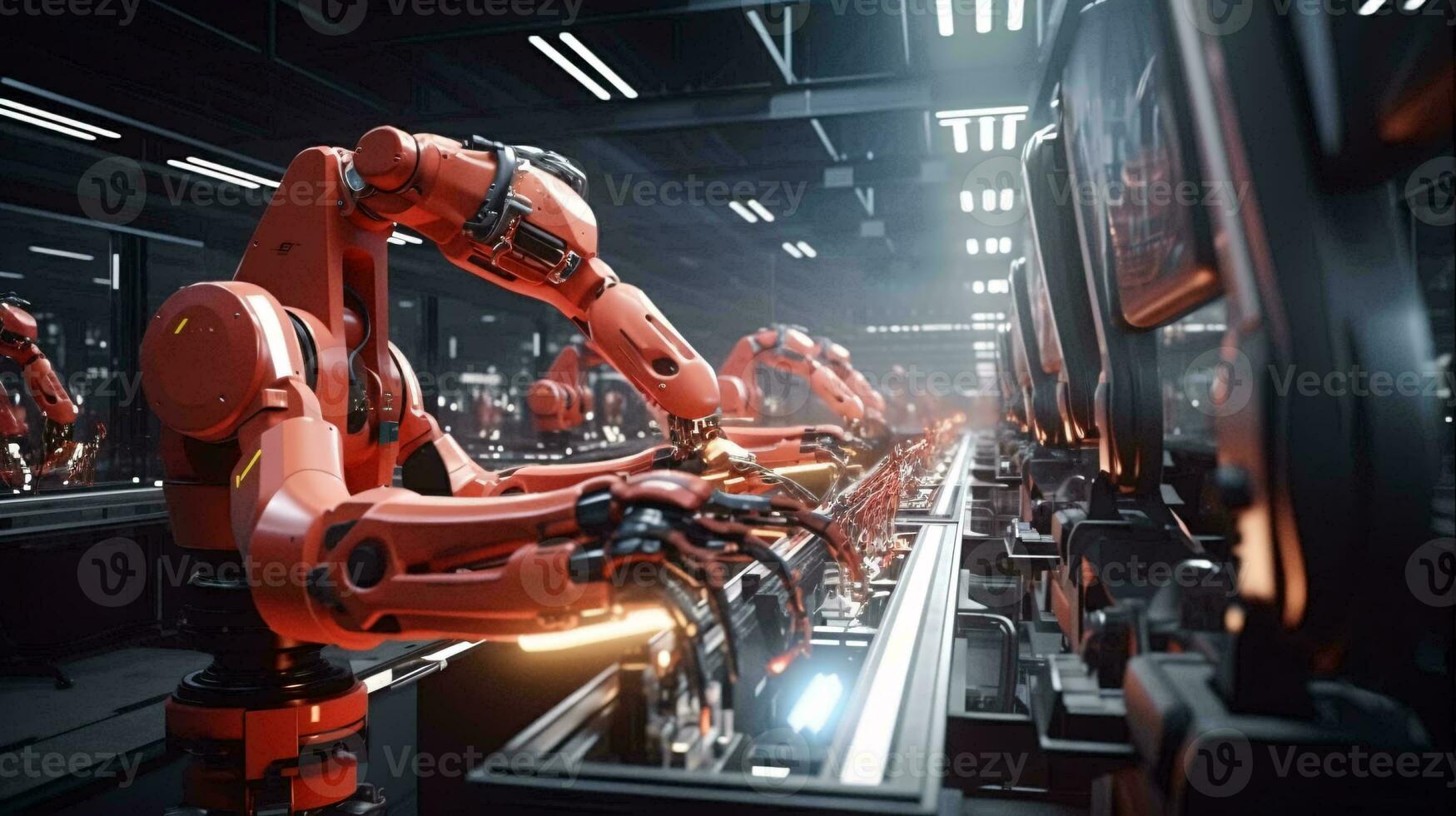 un' robot operativo un' macchina nel un' fabbrica ai generato foto