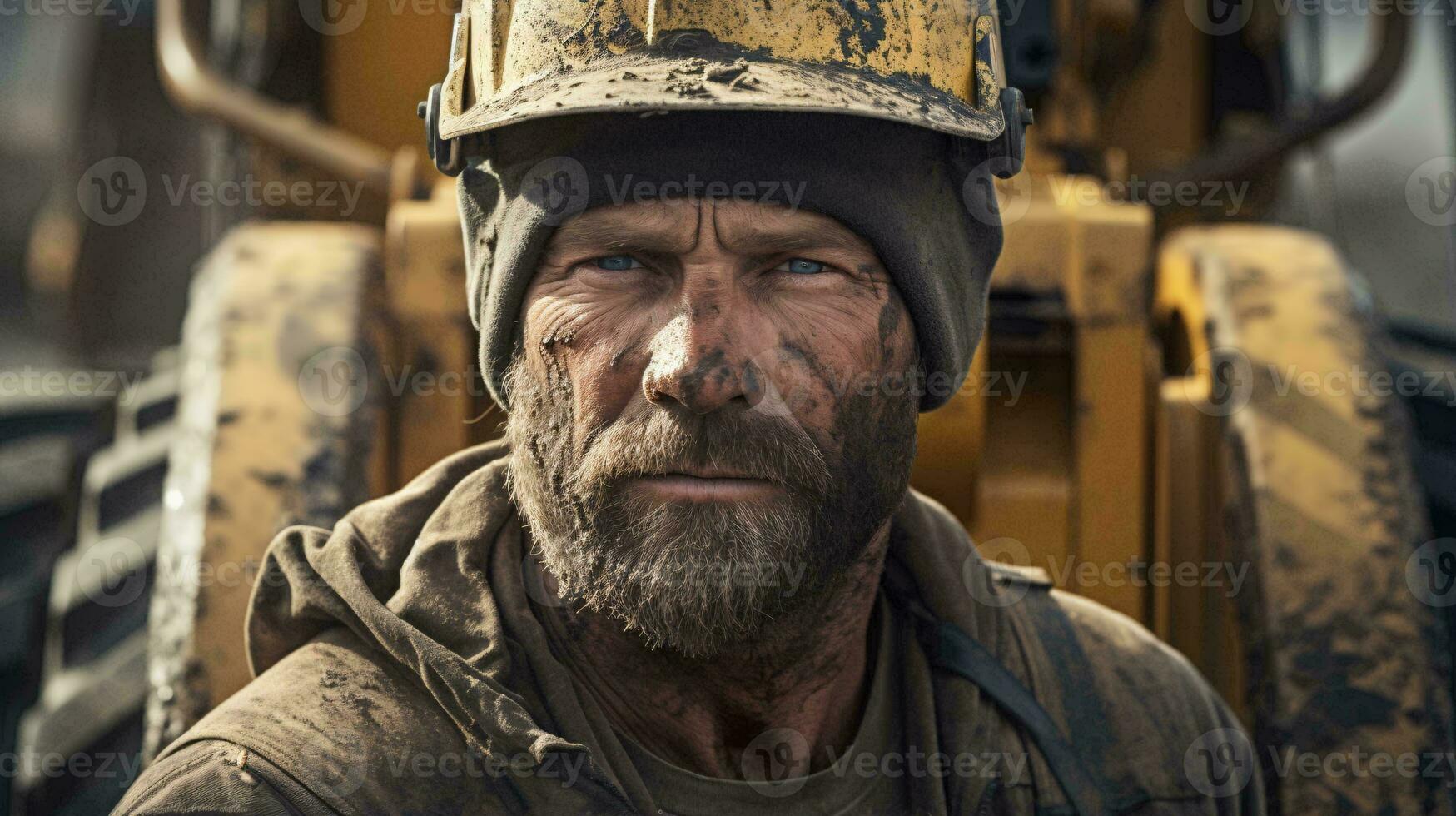 un' costruzione lavoratore in piedi Il prossimo per un' bulldozer indossare un' difficile cappello ai generato foto