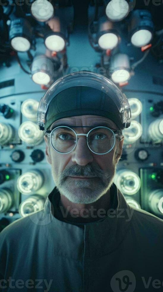 un' uomo nel un' controllo camera indossare bicchieri e un' cappello ai generato foto