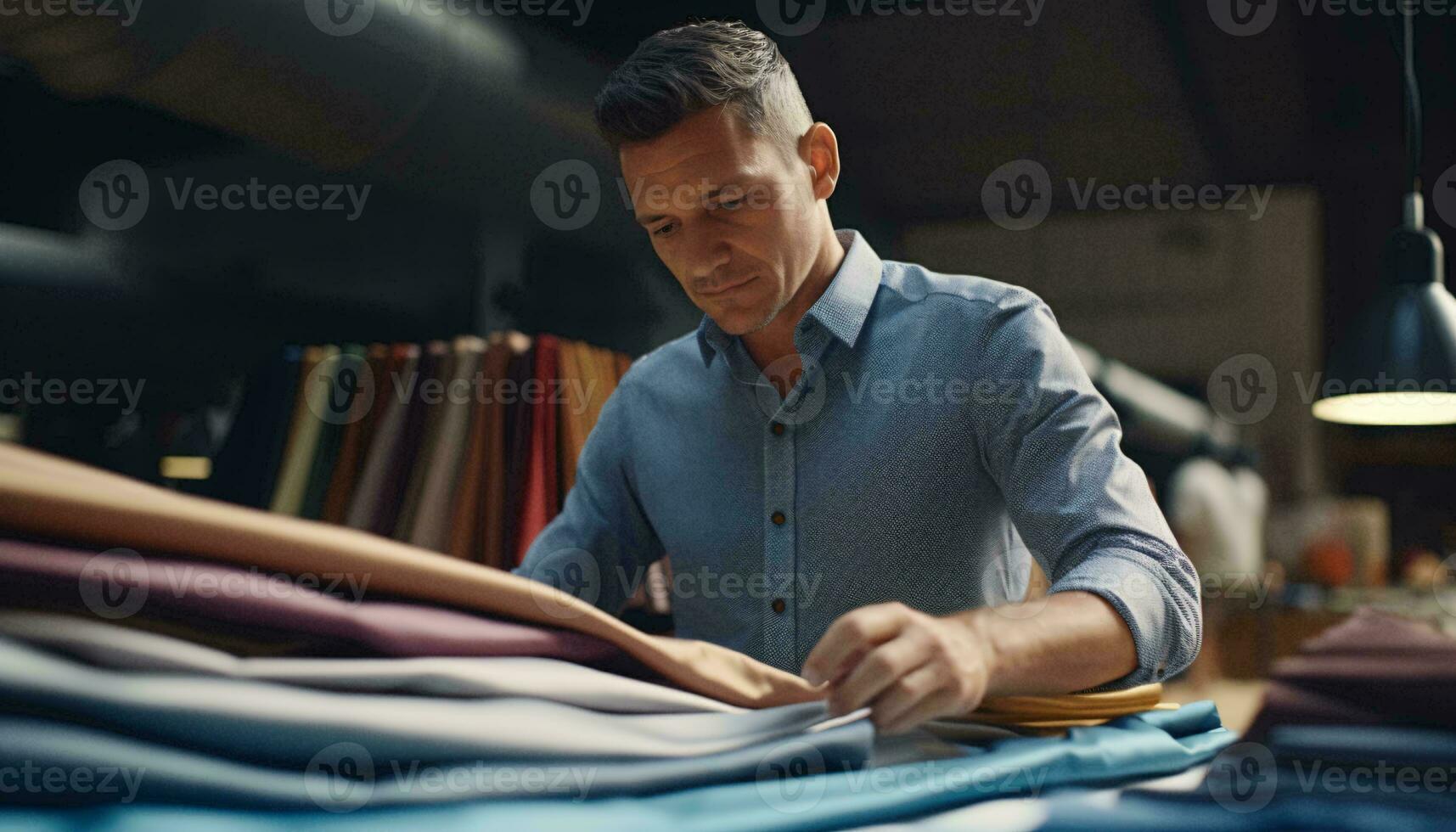 un' uomo l'esame un' tessile pezzo nel un' blu camicia ai generato foto