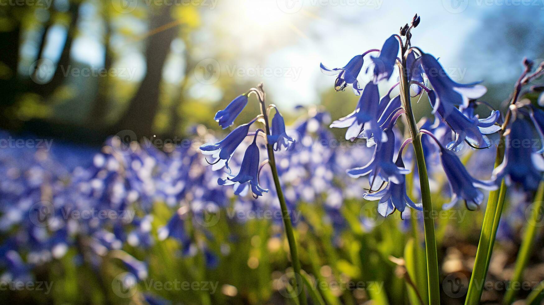 un' vivace campo di blu fiori nel un' lussureggiante verde erboso paesaggio ai generato foto