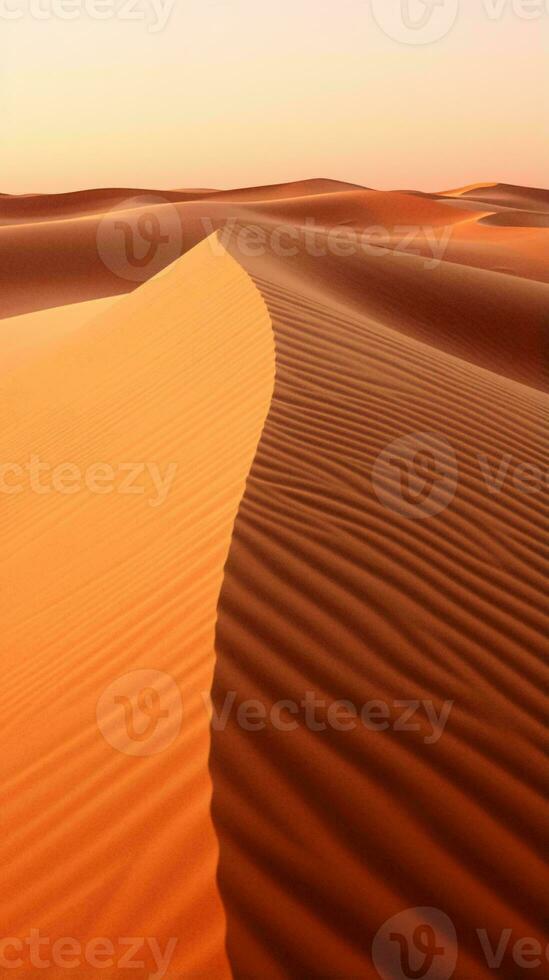 un' sbalorditivo deserto paesaggio a tramonto con maestoso sabbia dune ai generato foto