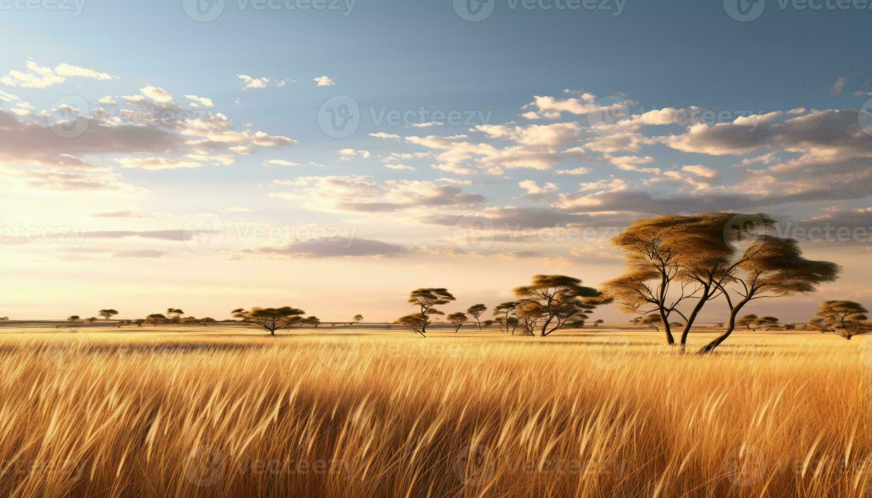 un' sereno campo di alto erba con maestoso alberi nel il sfondo ai generato foto