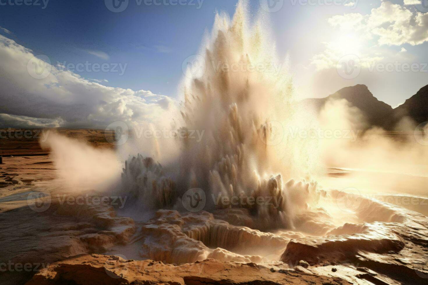 un' potente scaldabagno eruzione con vigore e invio acqua alto in il cielo ai generato foto