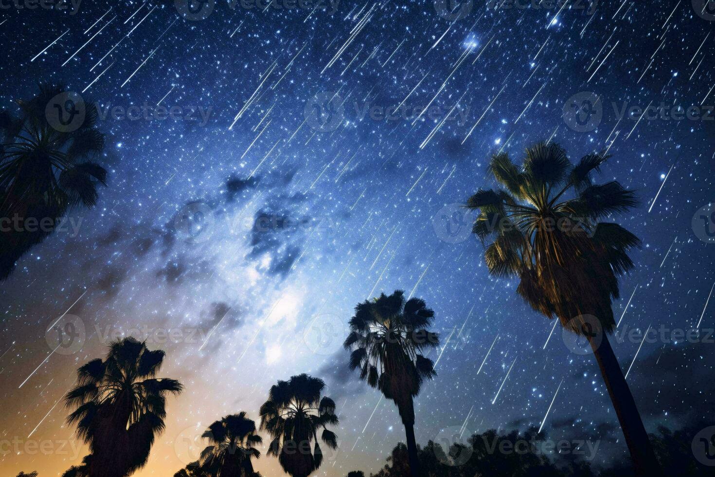 un' stellato notte cielo illuminante palma alberi ai generato foto