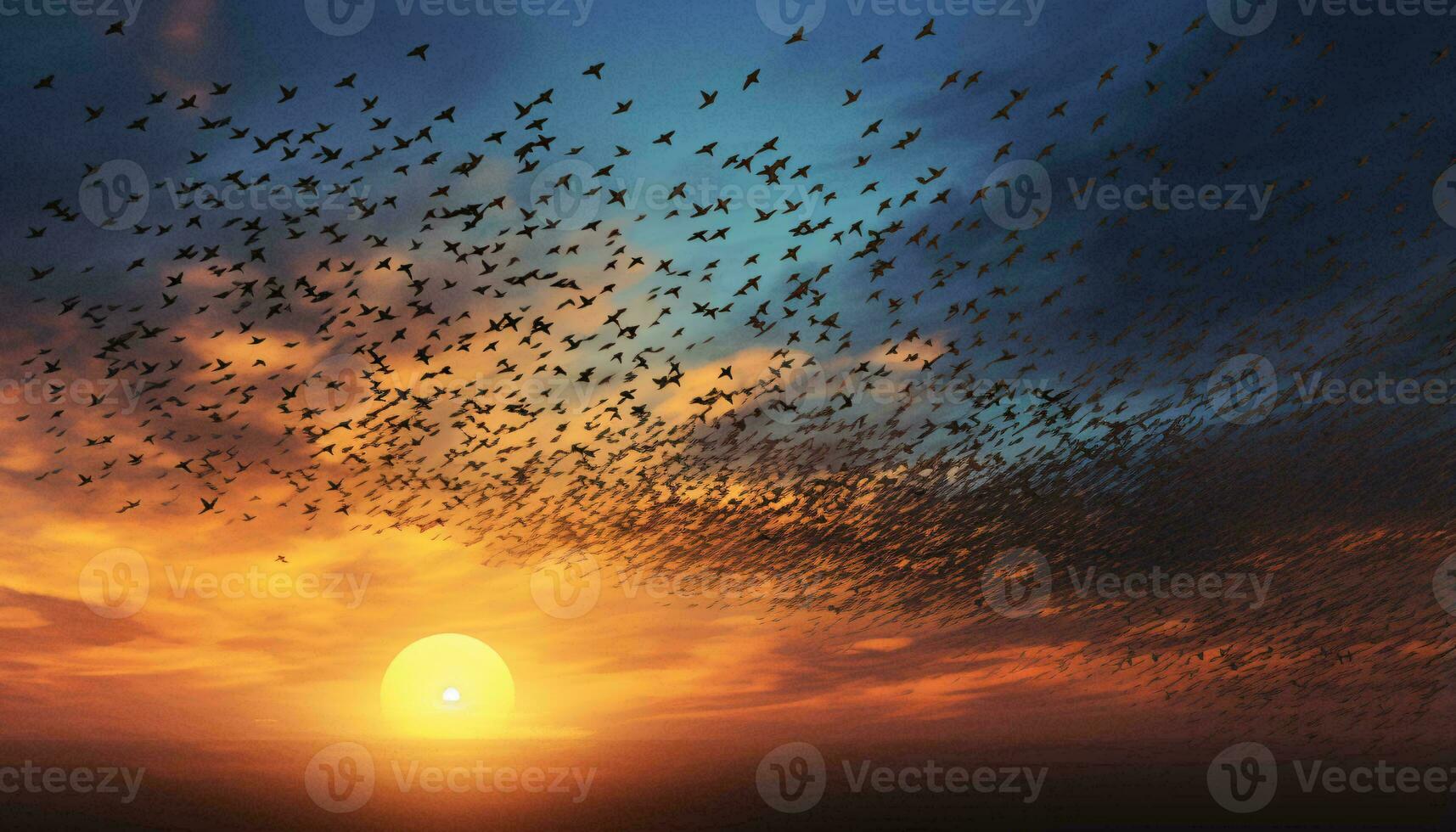 un' mozzafiato tramonto con un' gregge di uccelli Soaring attraverso il colorato cielo ai generato foto