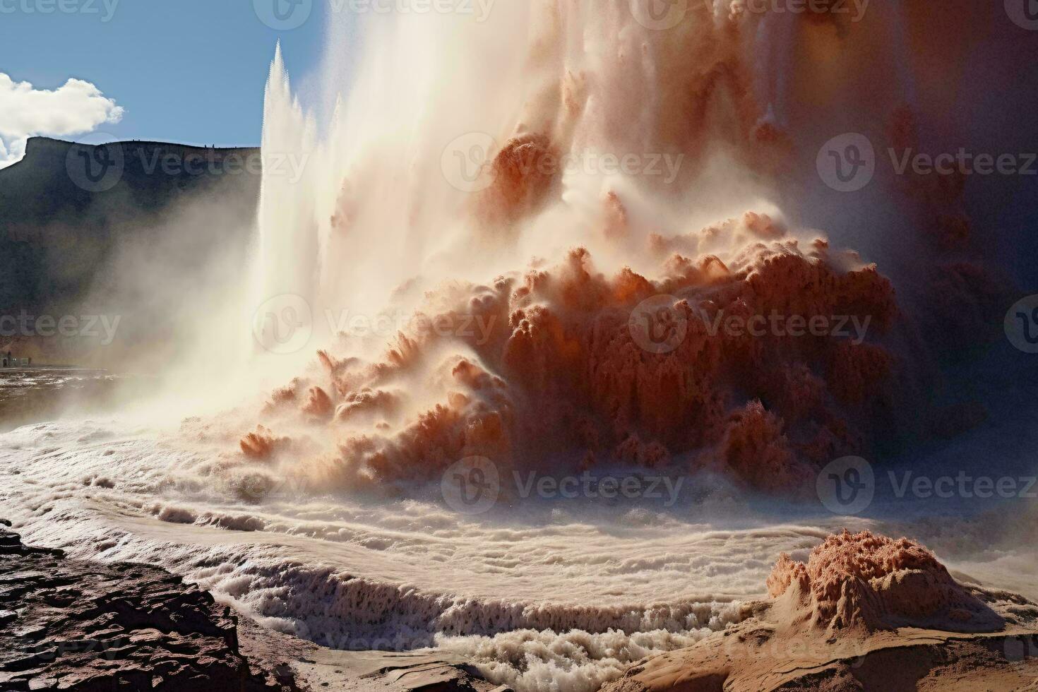 un' potente scaldabagno eruzione nel un' naturale Paese delle meraviglie ai generato foto