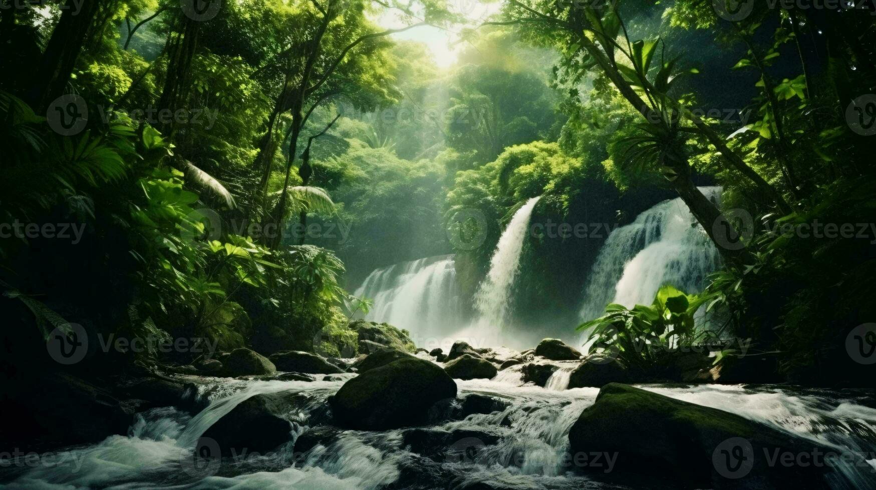 un' mozzafiato cascata circondato di un' vivace verde foresta ai generato foto