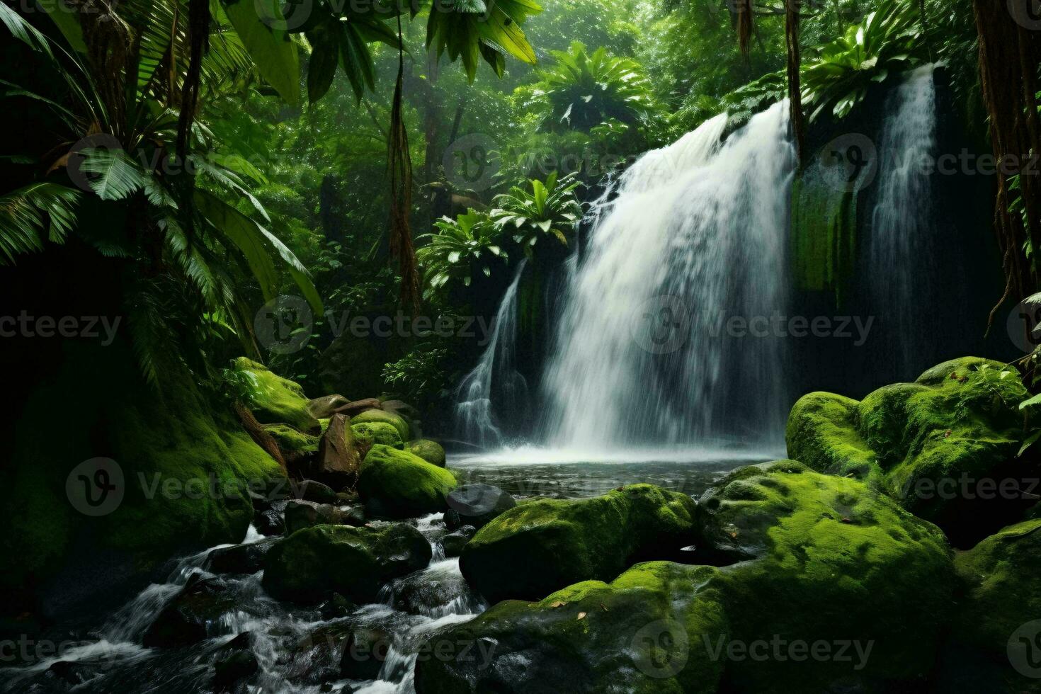 un' maestoso cascata circondato di lussureggiante verdura nel un' sereno foresta ambientazione ai generato foto