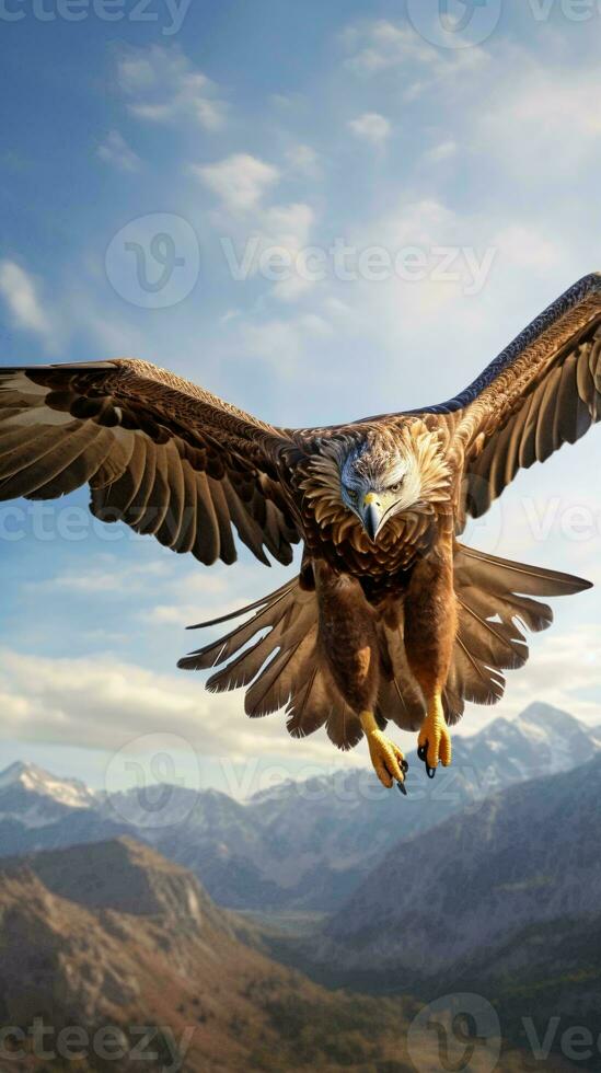 un' maestoso uccello Soaring sopra mozzafiato montagna paesaggio ai generato foto