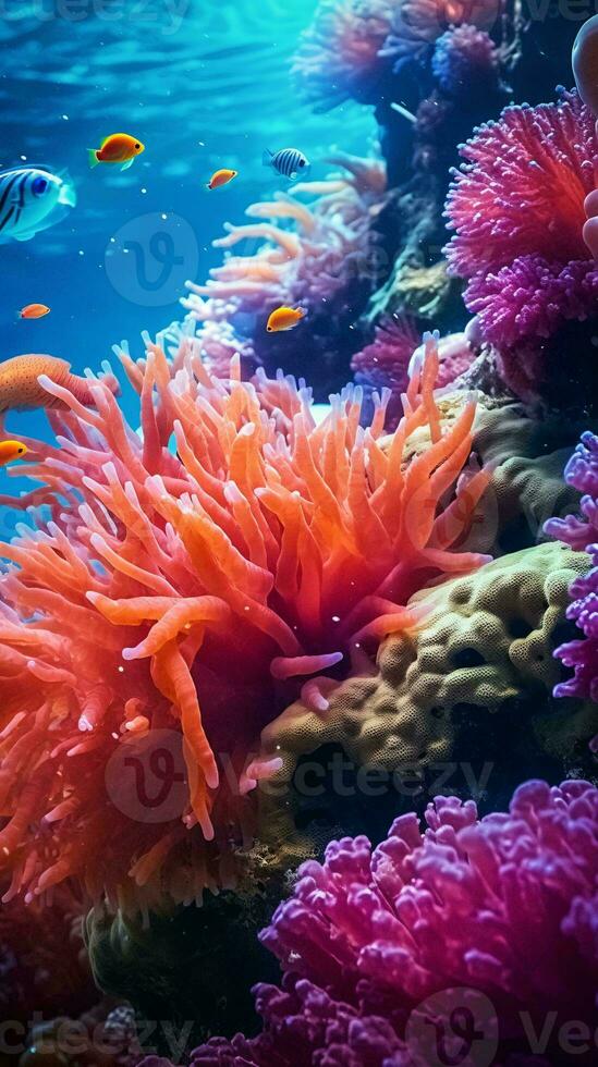 un' vivace subacqueo corallo scogliera brulicante con colorato pesce ai generato foto