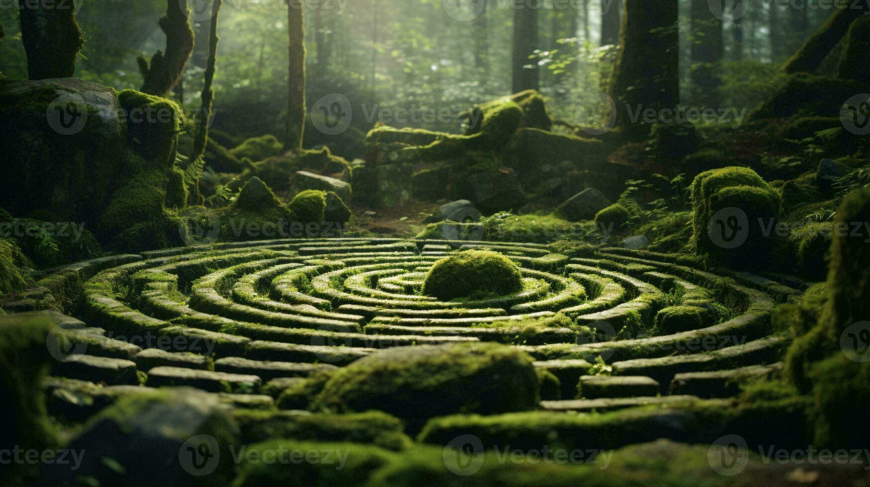 un' bellissimo muschioso circolare labirinto nel il cuore di un' lussureggiante foresta ai generato foto