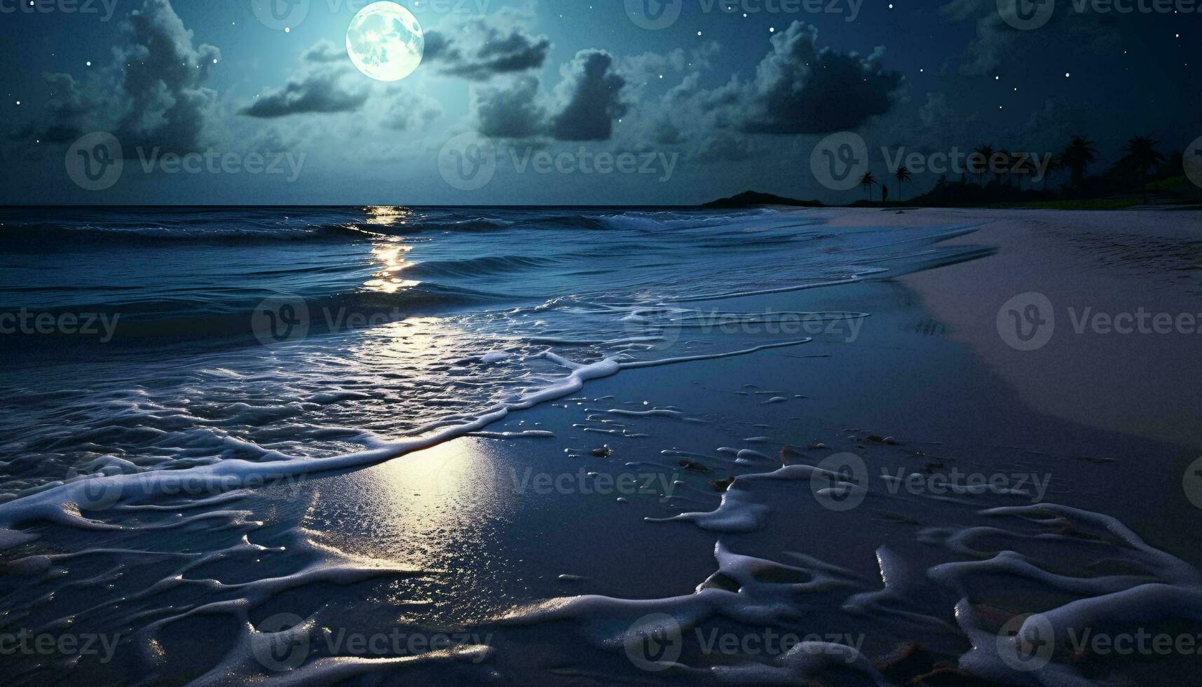 un' sereno pieno Luna illuminante il oceano e getto un' scintillante splendore su un' tranquillo spiaggia ai generato foto