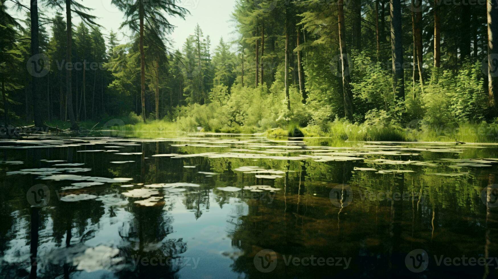 un' corpo di acqua circondato di alberi ai generato foto