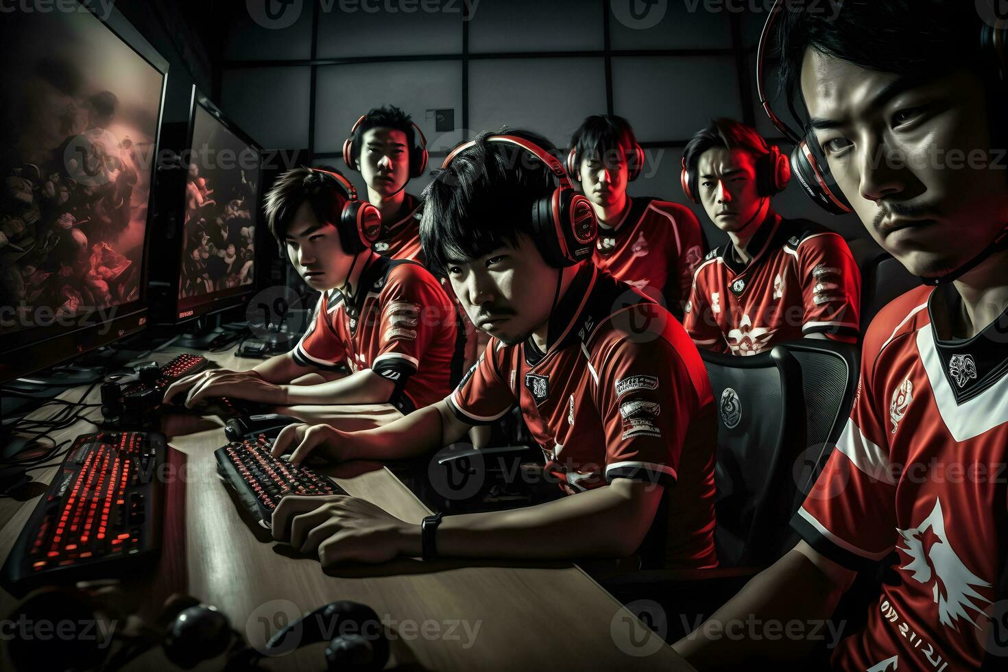 squadra di asiatico adolescenziale informatica sport giocatori. neurale Rete ai generato foto