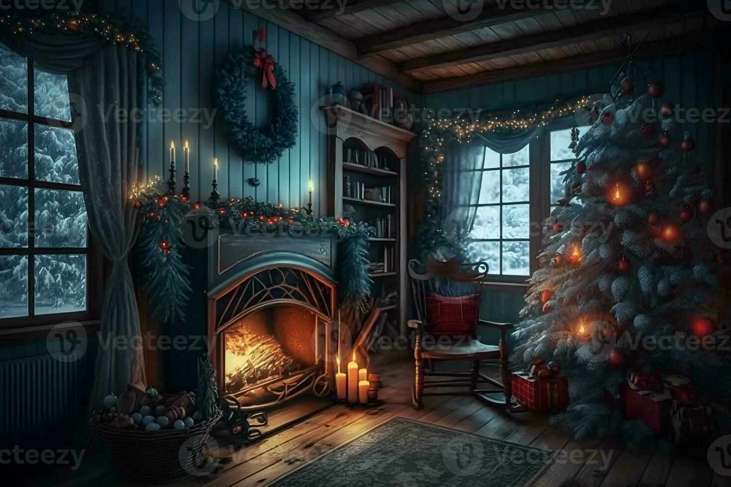 bellissimo accogliente Natale interno con un' il camino. neurale Rete ai generato foto