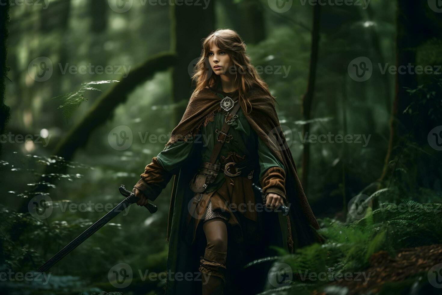 medievale guerriero ragazza nel il foresta. neurale Rete ai generato foto