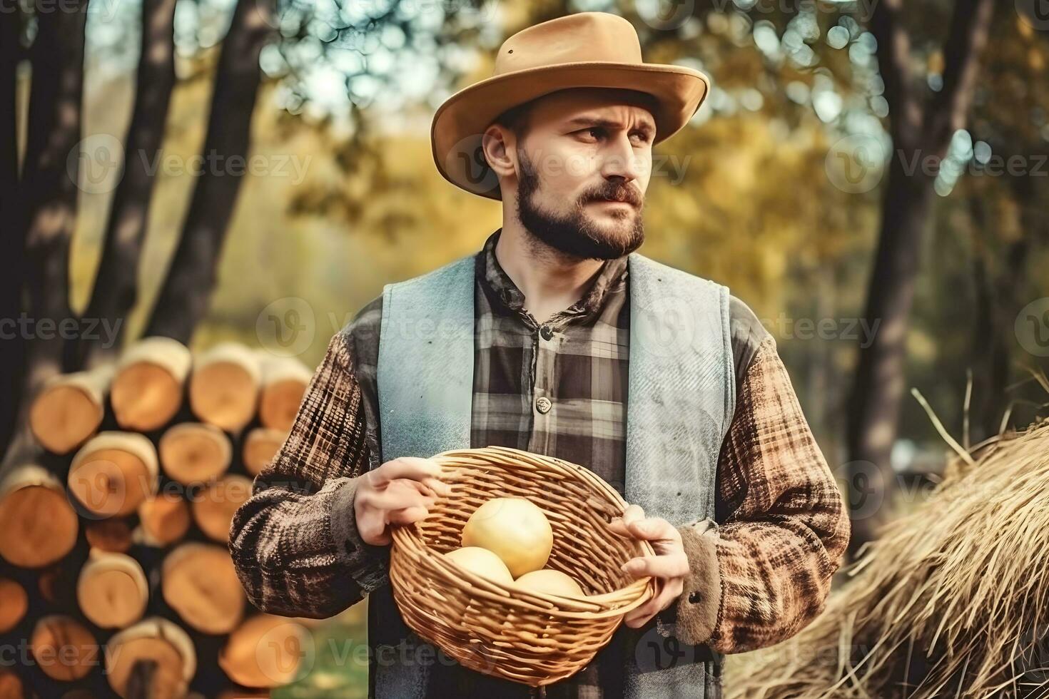 ritratto di un' contadino con raccolto. neurale Rete ai generato foto