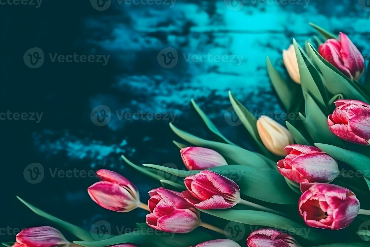 telaio di tulipani su turchese rustico di legno sfondo. primavera fiori. neurale Rete ai generato foto