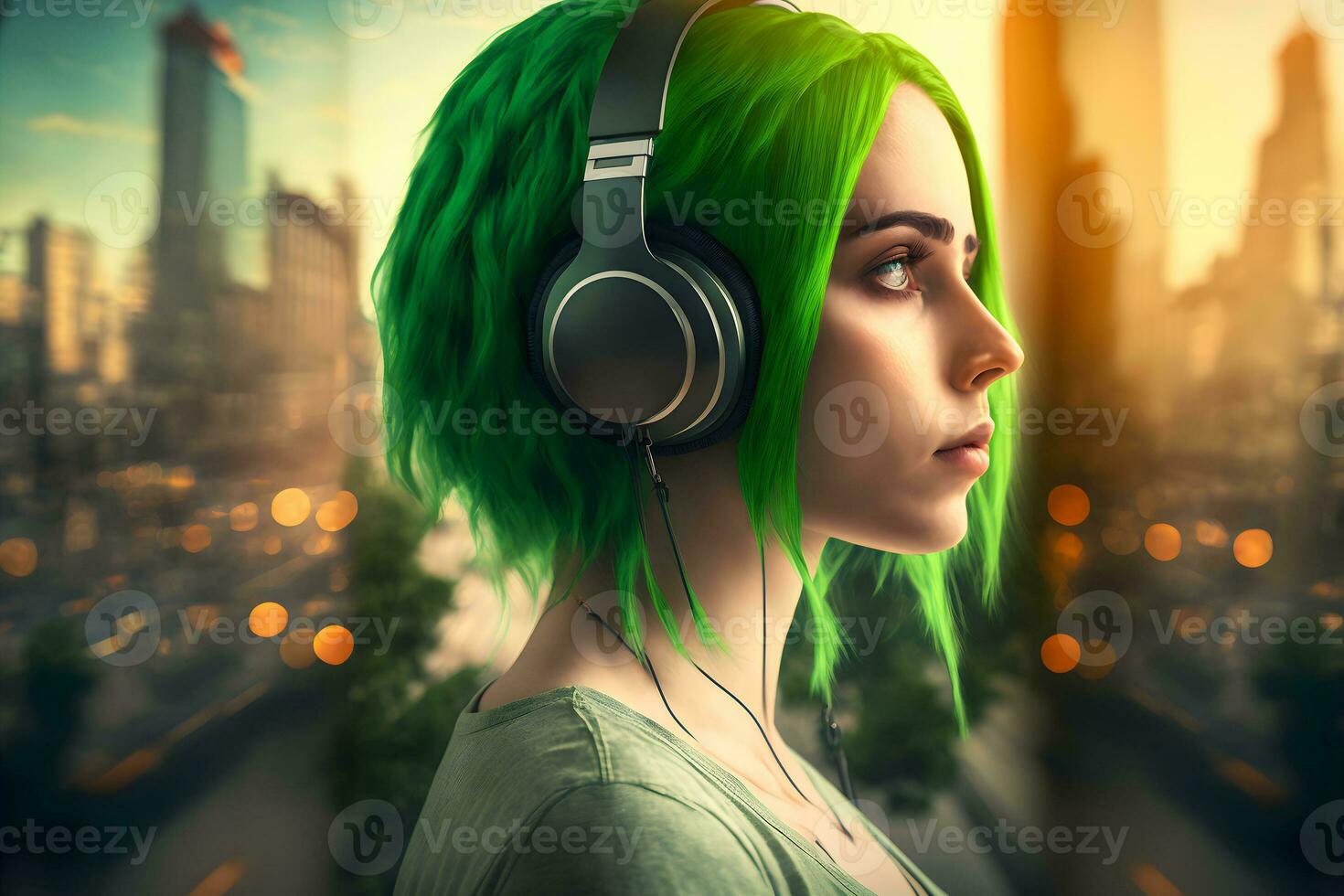 ritratto di giovane ragazza con verde capelli ascoltando musica con cuffie su città strada. neurale Rete generato arte foto