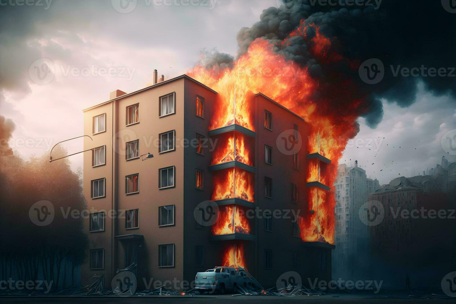multipiano residenziale o ufficio edificio su fuoco incidente. neurale Rete generato arte foto