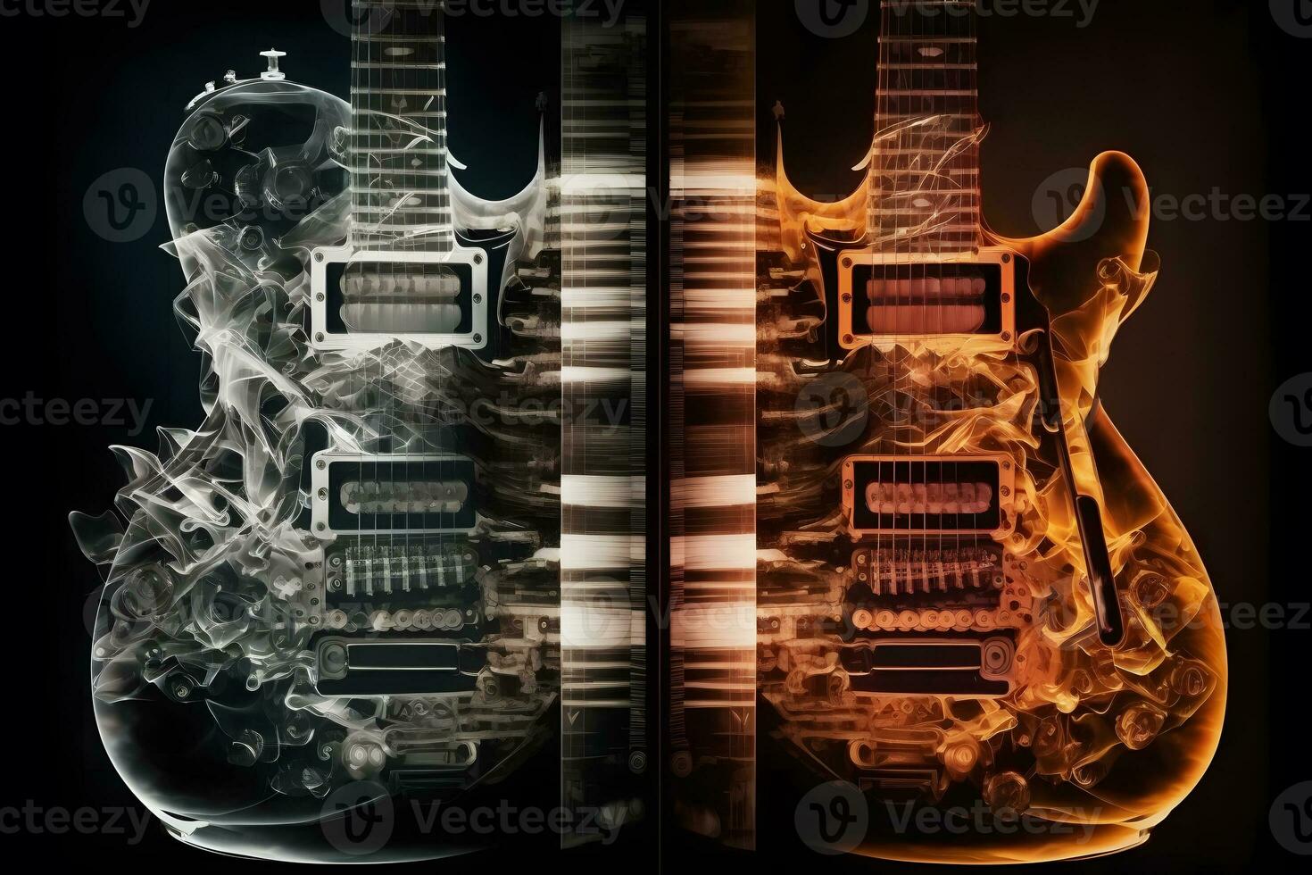 vicino su di elettrico chitarra dettagli su Doppio esposizione musicale sfondo. neurale Rete ai generato foto