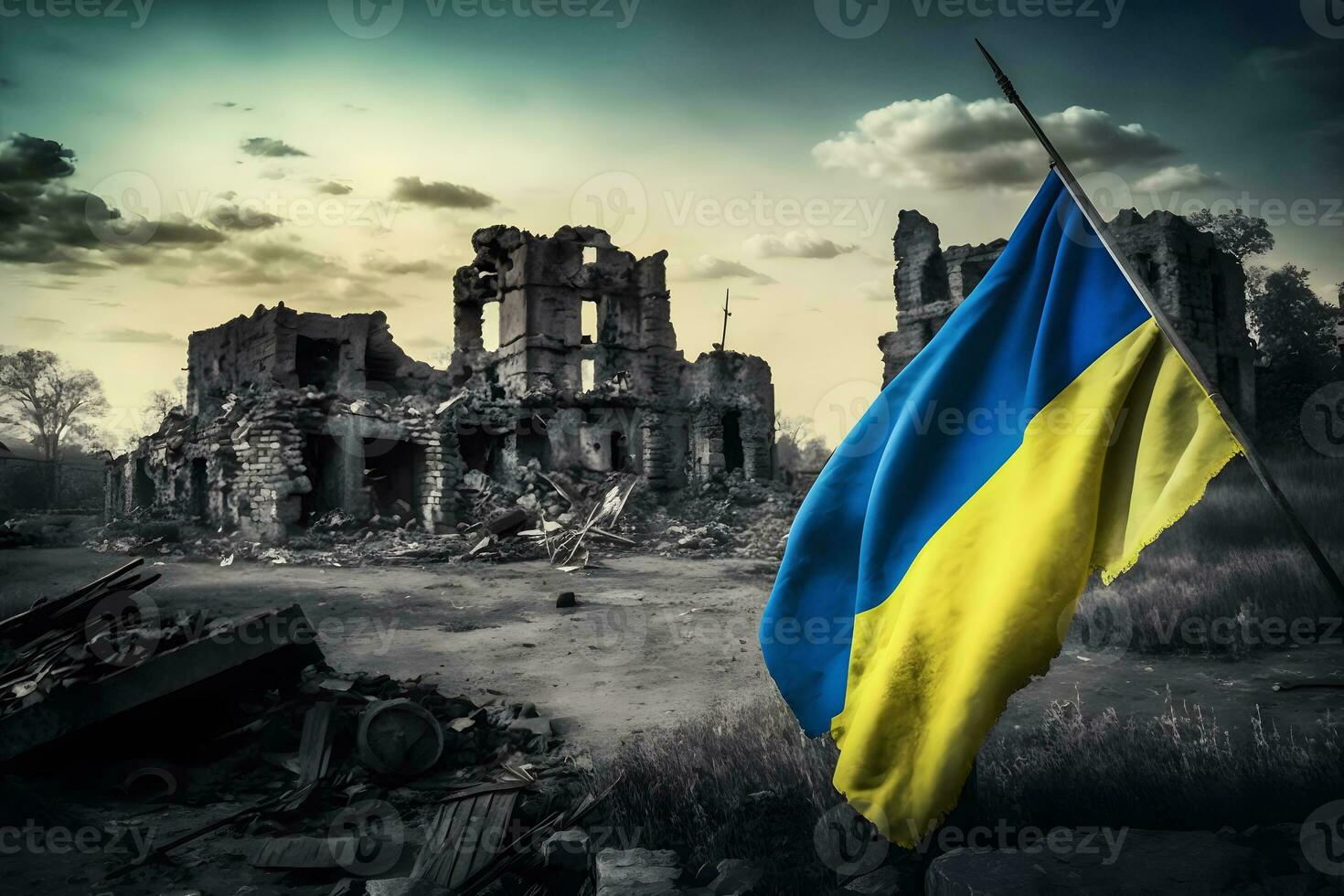 bandiera di Ucraina e distrutto costruzione. guerra concetto. neurale Rete ai generato foto