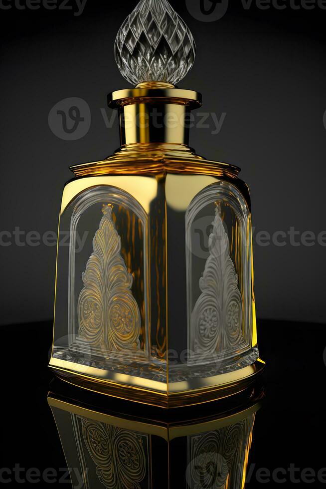 un' bottiglia di profumo donne eau de parfum nel bottiglia isolato su nero. fragranza per donne profumo spray. neurale Rete generato arte foto