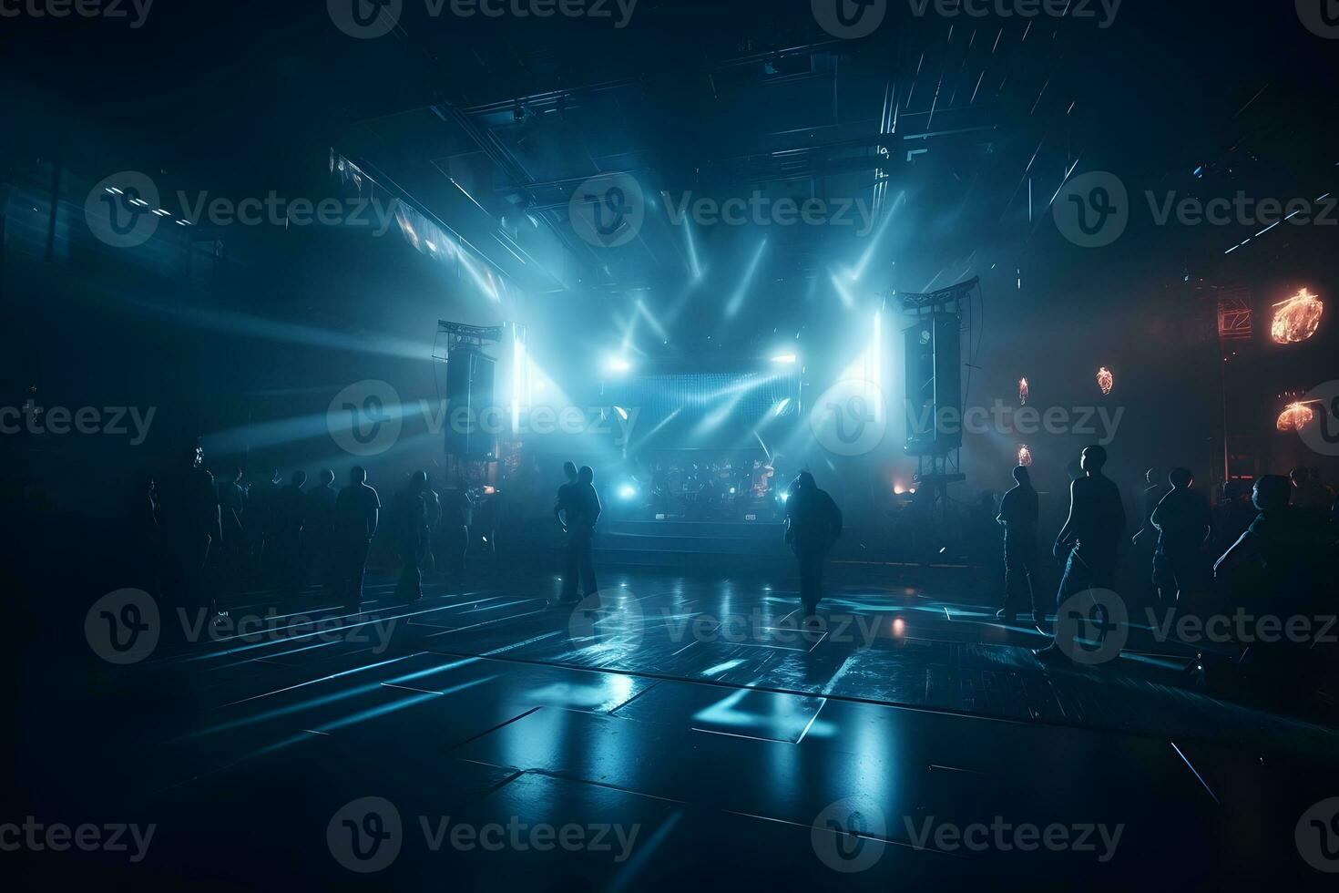 silhouette nel delirio notte club sotto blu raggi travi godendo a concerto. neurale Rete ai generato foto