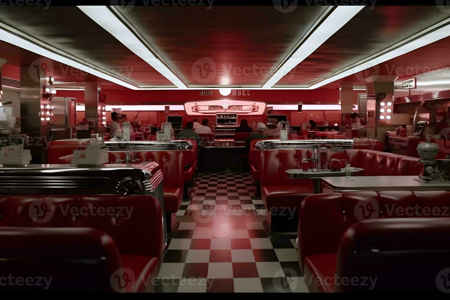 vecchio stile rosso bar sgabelli nel americano hamburger retrò commensale ristorante. interno di bar è nel tradizionale americano stile. neurale Rete ai generato foto