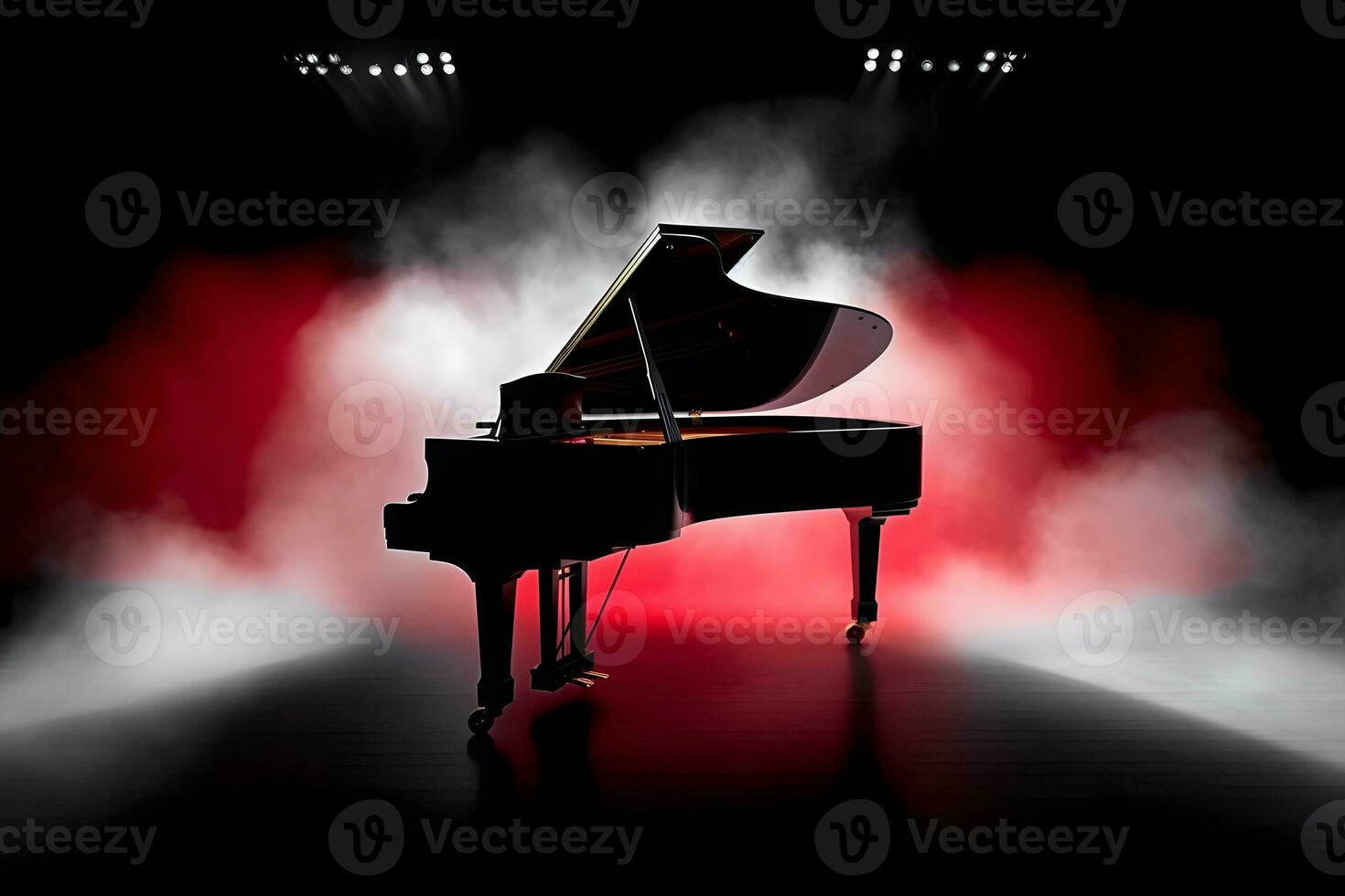 pianoforte e Fumo su palcoscenico. neurale Rete ai generato foto