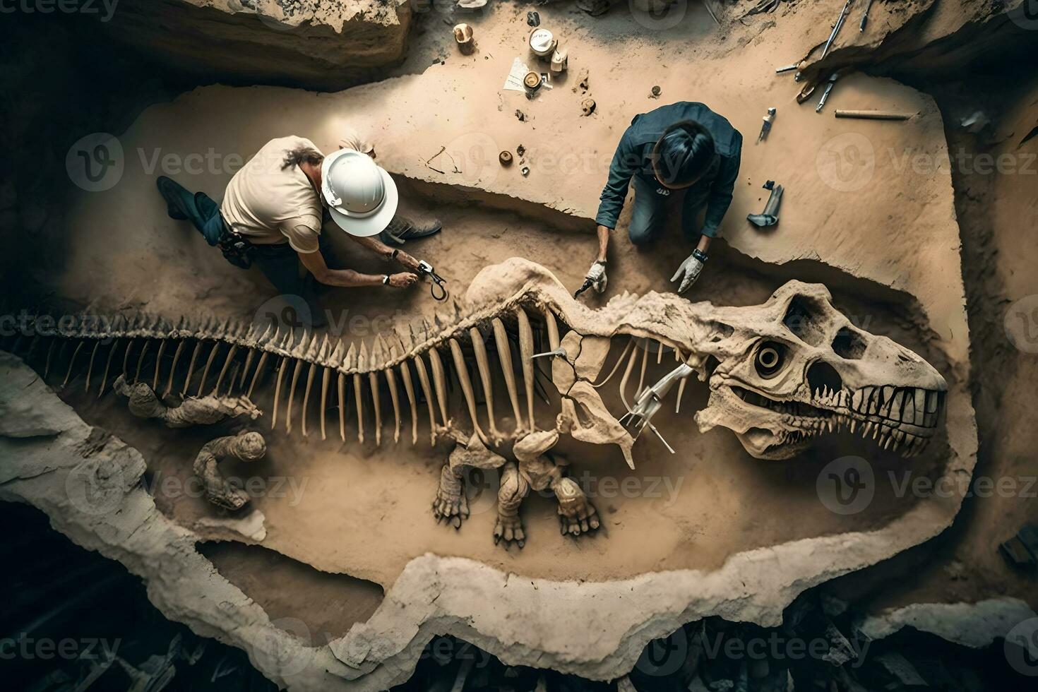 archeologo lavori su un archeologico luogo con dinosauro scheletro nel parete pietra fossile tirannosauro scavi. neurale Rete ai generato foto