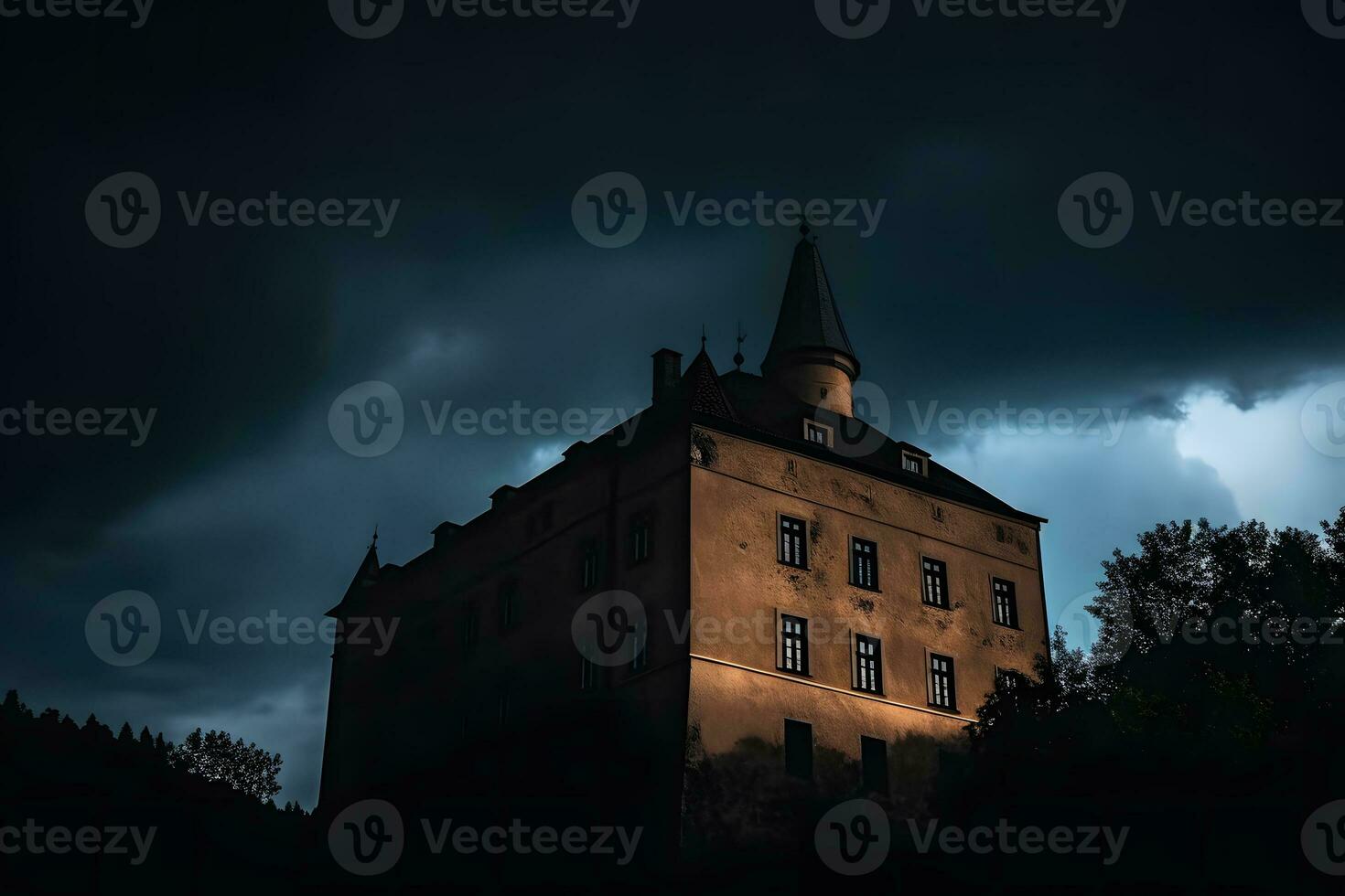 paesaggio con vecchio castello a notte. neurale Rete generato arte foto