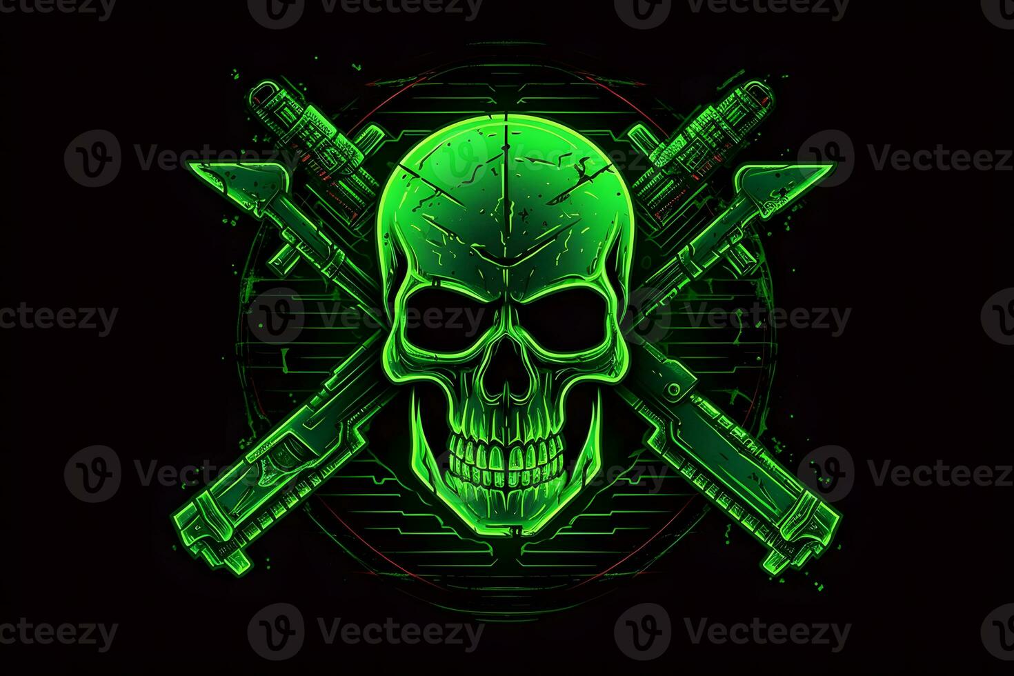 verde punk informatica umano cranio con arma. neurale Rete ai generato foto