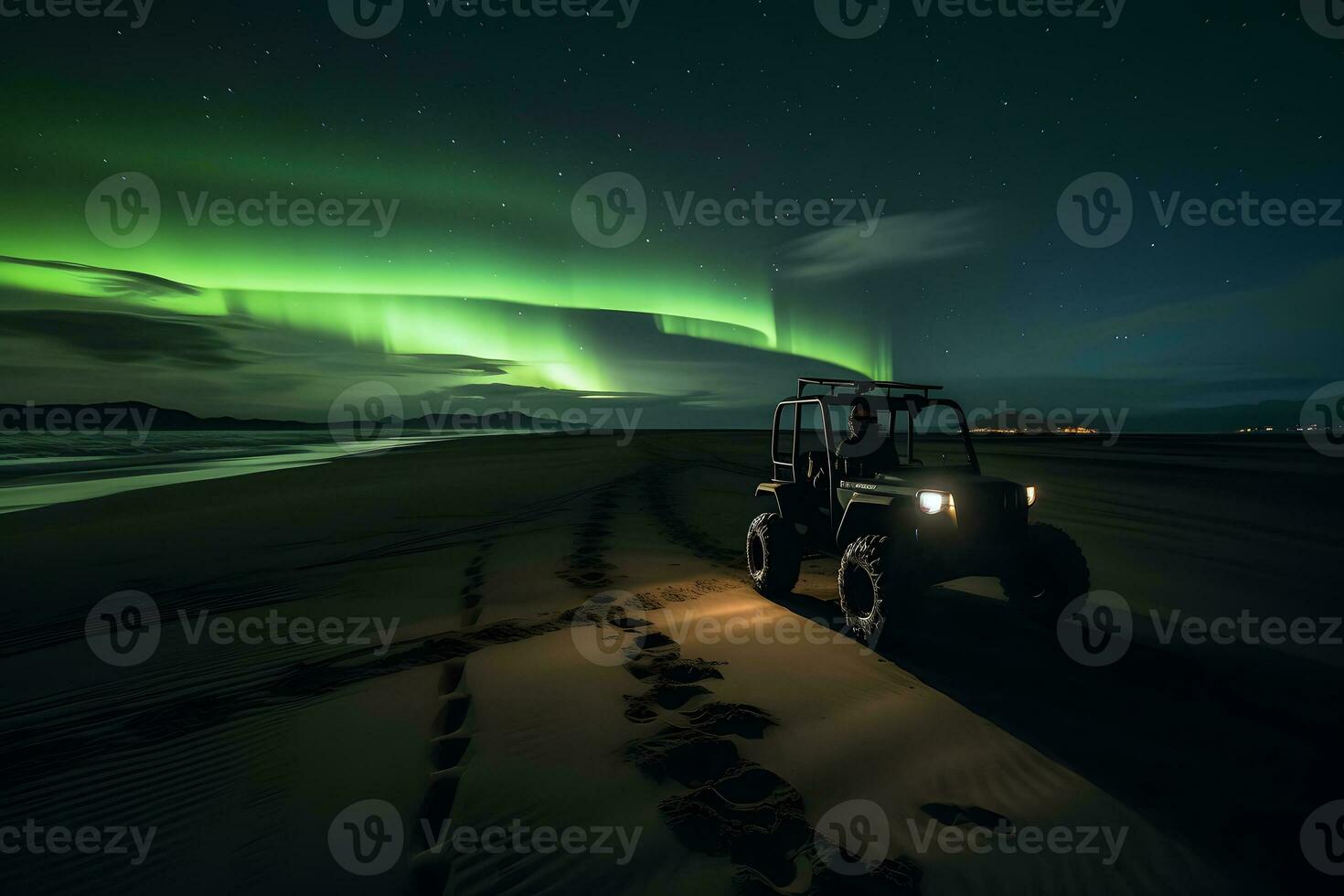 passeggino auto e settentrionale luci spiaggia. neurale Rete ai generato foto