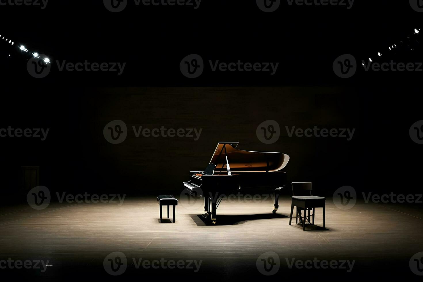 pianoforte e Fumo su palcoscenico. neurale Rete ai generato foto