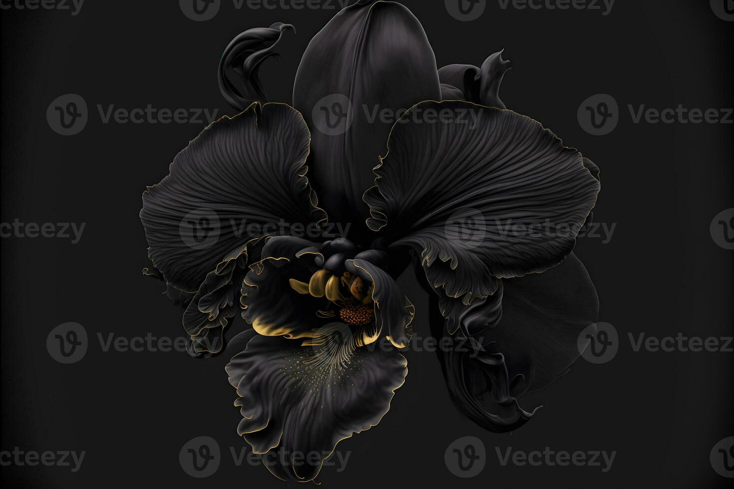 raro fioritura grande nero orchidea di genere grande labbro phalaenopsis fiori isolato su buio nero sfondo. neurale Rete generato arte foto