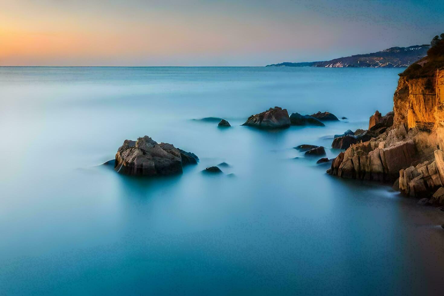 il tramonto al di sopra di il oceano con rocce e acqua. ai-generato foto